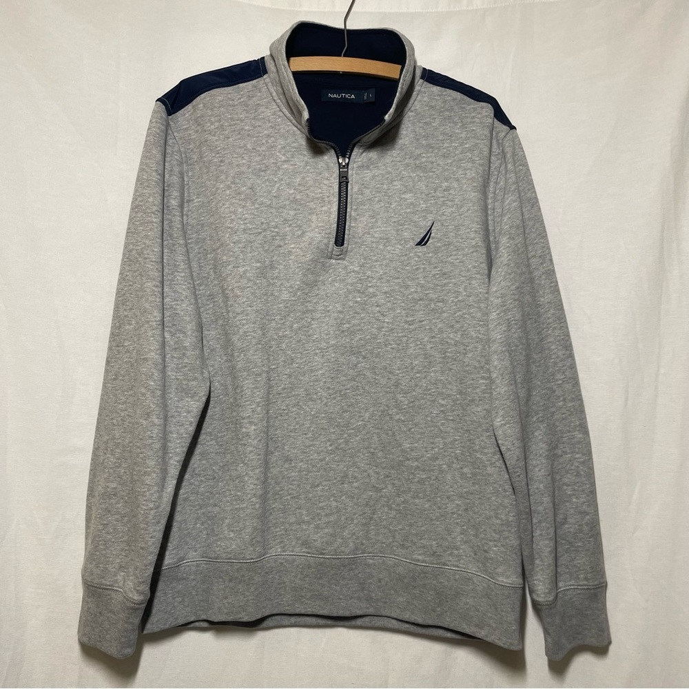 NAUTICA Mens Large Sweatshirt Grey Navy Quarter Zip Casual Pullover Fall Fasion